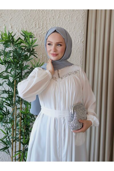 H HİJAB CENTER Medine Bead Embroidered Robani Silk Ferace - Height 145 cm