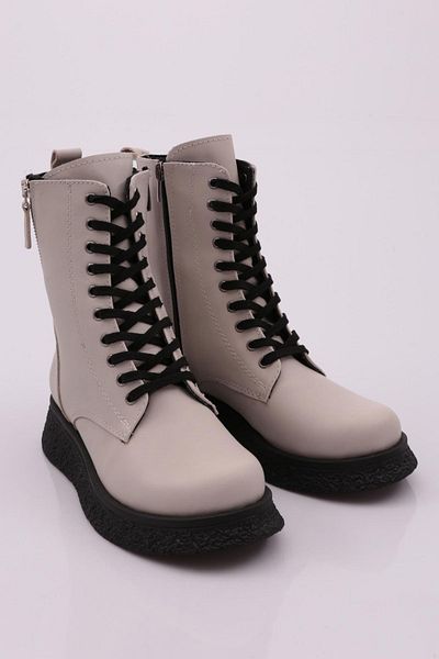 DGN Women's Thick Sole Lace up Boots Ecru Genuine Leather 4462678