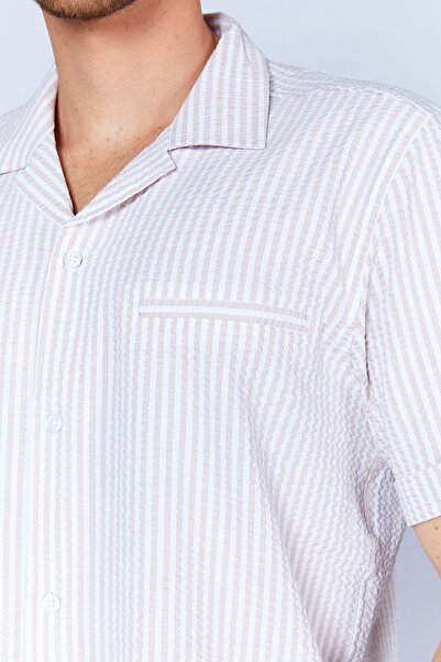 MAN EDITION Cămașă pentru bărbați - Stone Seersucker Dunge, Detaliu Buzunar, Mânecă Scurtă, Guler Apaș Ee 100114629 -4629