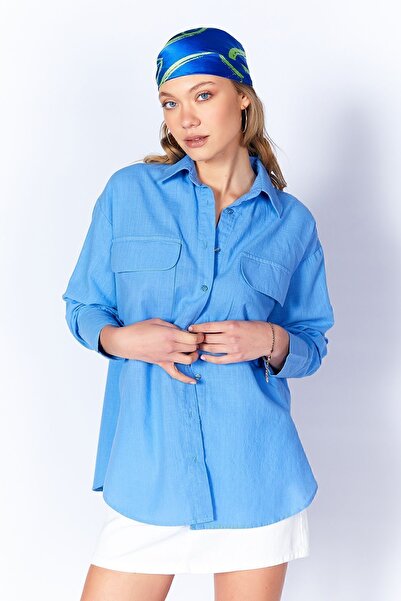 EDITION WOMAN Cămașă de damă albastră cu aspect de in - Husă cu buzunar dublu |   Suplimentar 100169410 -9410