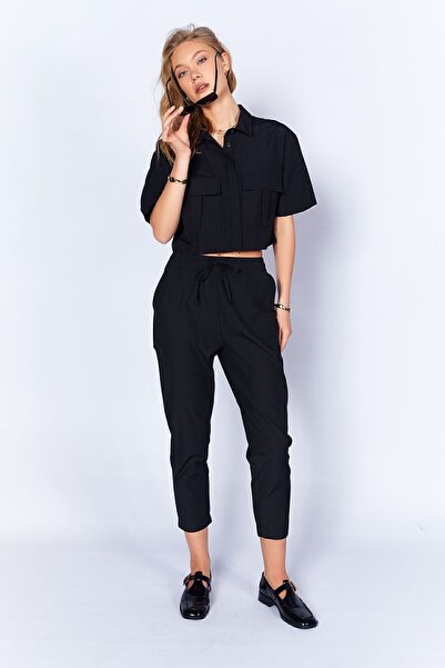 Manche Siyah Kadın Poplin Pantolon| Mks666583-02