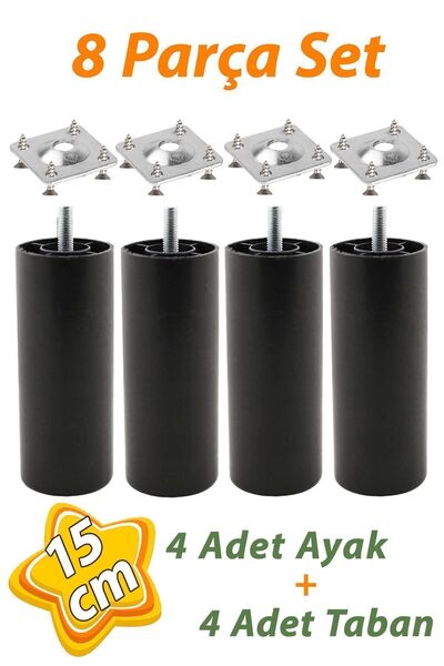 GLASWEN 4 Adet Destek Ayağı 15 cm Siyah ve 4 Adet Düz Ayak Tabanı M8 Civatalı...