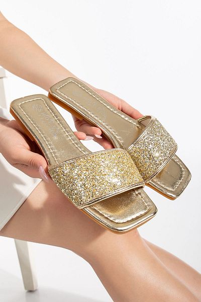 PLN SHOES Γυναικείες βραδινές παντόφλες φόρεμα με άνετη σόλα με μονό λουράκι με πέτρα με επίπεδη τακούνι