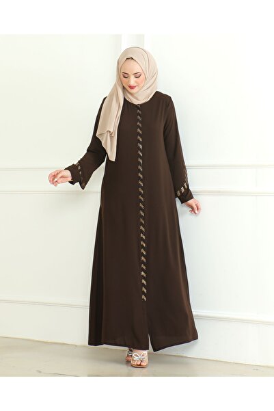 ISTANBUL STYLES Μεγάλο μέγεθος Laser Stone Crepe Ferace - με λωρίδες πέτρας και λεπτομέρεια από το μανίκι