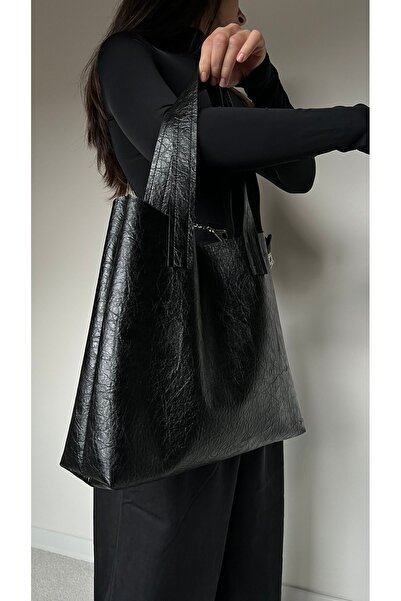 coaksco Geantă Shopper de damă neagră strălucitoare