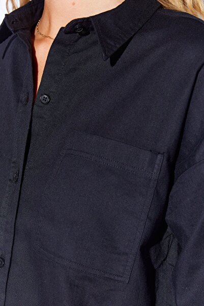 EDITION WOMAN Siyah Oversize tek cepli gabardin rahat kesim soft dokulu pamuk kadın gömlek - 8174