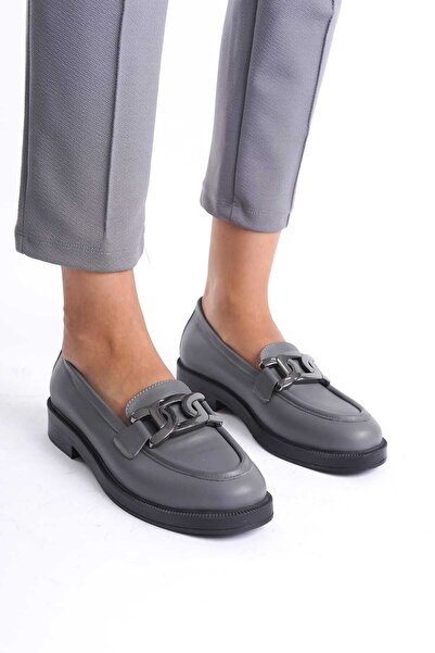 GNS Shoes Hakiki Deri Gri Tokalı Lofer