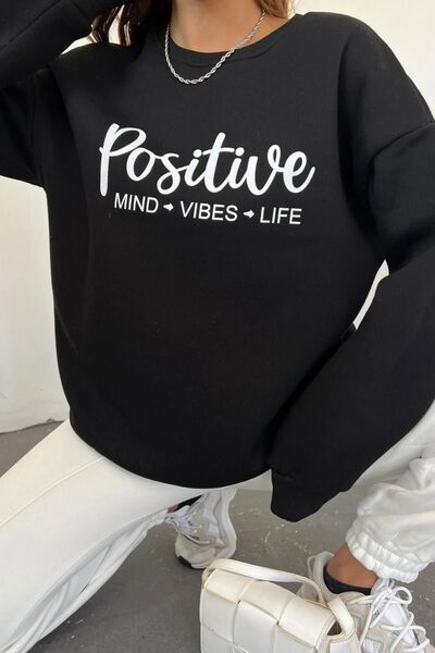 NO 601 Дамски суитшърт с качулка Positive в черен цвят - с кръгло деколте