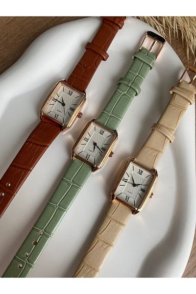 QUARTZ Rubsey Minimal Vintage Women Wristwatch Retro Green Cord 1 Piece