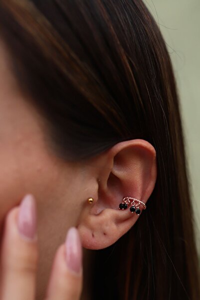 SUNSHINE 925 Ayar Rose Kaplamalı Siyah Taşlı Sallantılı Gümüş Kıkırdak Küpe