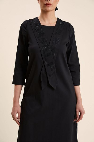 VERDA Plus Size Black Dress - Stone Printed and Scarf Detailed Cotton