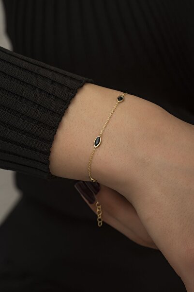 SUNSHINE 925 Ayar Gold Kaplamalı Siyah Badem Taşlı Gümüş Bileklik