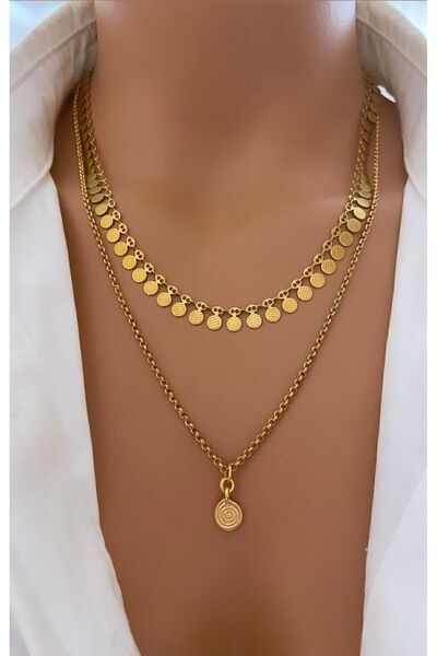 TARZ-I TAKI ( 2 Kolye - Çelik ) Kararmaz Çelik Pullu Zincir Kolye Seti ( Ikili ) Özel Tasarım Hediye