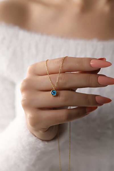 SUNSHINE 925 Ayar Gold Kaplamalı Altıgen Nazar Cam Göz Gümüş Kolye