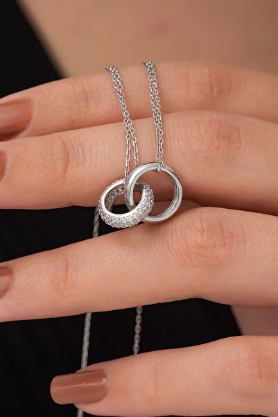 SUNSHINE 925 Ayar Rodyum Kaplamalı Beyaz Taşlı 2 Halkalı Gümüş Kolye