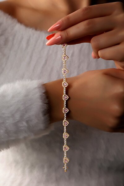 SUNSHINE 925 Ayar Tarzı Pembe Kalpli Su Yolu Gümüş Bileklik