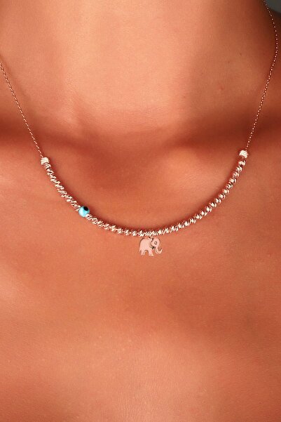 SUNSHINE 925 Ayar Rose Kaplamalı Dorika Taşlı Nazar Boncuklu Fil Figürlü Gümüş Kolye