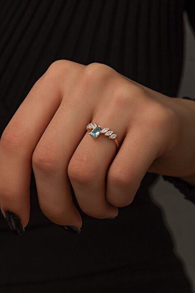 SUNSHINE 925 Ayar Rose Kaplamalı Mavi Damla Taşlı Taç Gümüş Yüzük