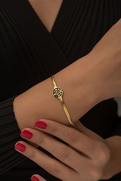 SUNSHINE 925 Ayar Gold Kaplamalı Siyah Mineli Italyan Zincir Tasarım Gümüş Bileklik