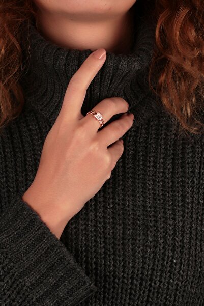 SUNSHINE 925 Ayar Rose Kaplamalı Beyaz Baget Taşlı Gümüş Yüzük