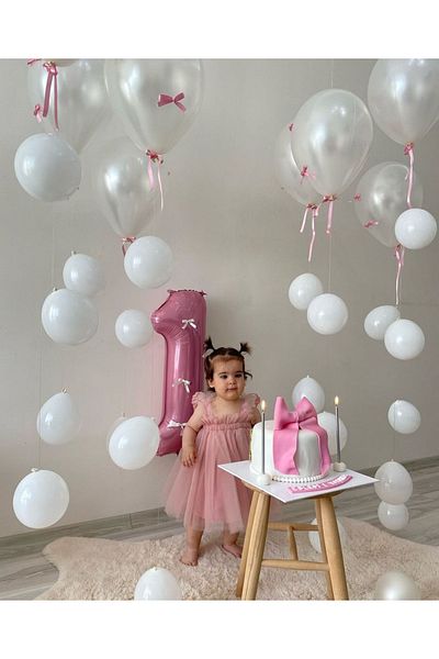Çemrek Süs Parti Pink 1 Year Old Foil Balloon and White Balloon Rain Set 54 Pieces
