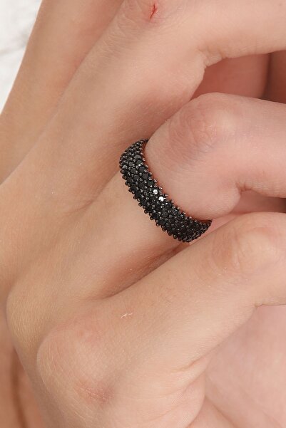 SUNSHINE 925 Ayar Rose Kaplamalı Siyah Taşlı Tam Tur Gümüş Yüzük