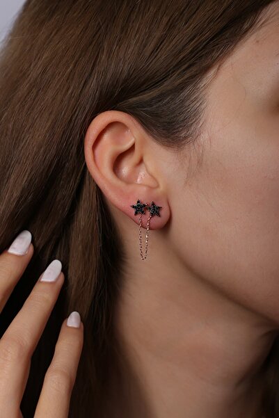 SUNSHINE 925 Ayar Rose Kaplamalı Siyah Taşlı Yıldız Gümüş Küpe