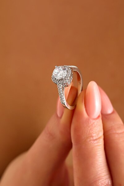 SUNSHINE KADIN 925 AYAR GÜMÜŞ YUVARLAK TAŞLI PIRLANTA MONTÜR GÜMÜŞ YÜZÜK A124