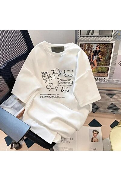 Oldeys Tricou oversize unisex alb cu imprimeu cu pisici de desene animate ret...