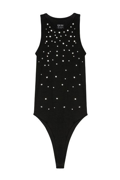 Quzu Black Halter Neck Bodysuit - with Stone Accessories