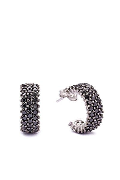 SUNSHINE 925 Ayar Rodyum Kaplamalı 3 Sıralı Siyah Taşlı Halka Gümüş Küpe