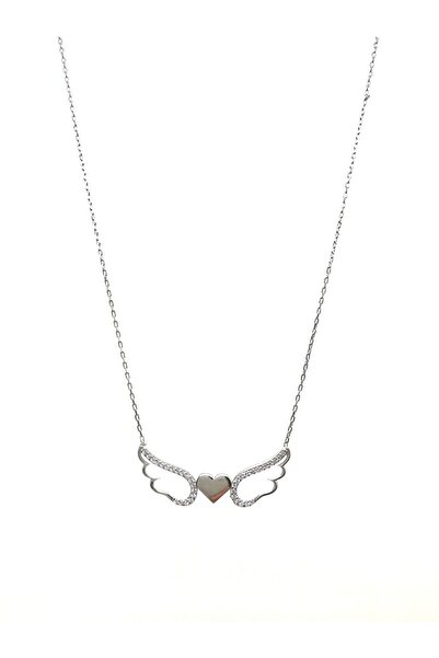 SUNSHINE 925 Ayar Rodyum Kaplamalı Beyaz Taşlı Melek Kanatlı Kalp Gümüş Kolye