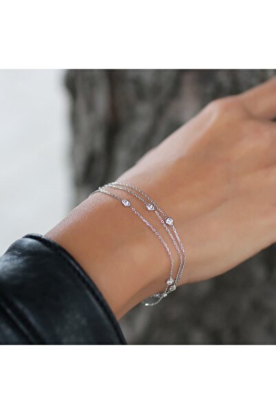 SUNSHINE 925 Ayar Rodyum Kaplamalı Beyaz Zirkon Taşlı 3 Zincirli Gümüş Bileklik
