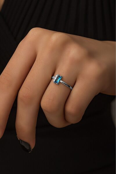 SUNSHINE 925 Ayar Rodyum Kaplamalı Dikdörtgen Aqua Baget Taşlı Minimal Zarif ...