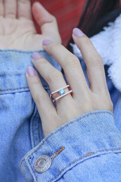 SUNSHINE 925 Ayar Rose Kaplamalı Aqua Taşlı Köşeli Tasarım Gümüş Yüzük