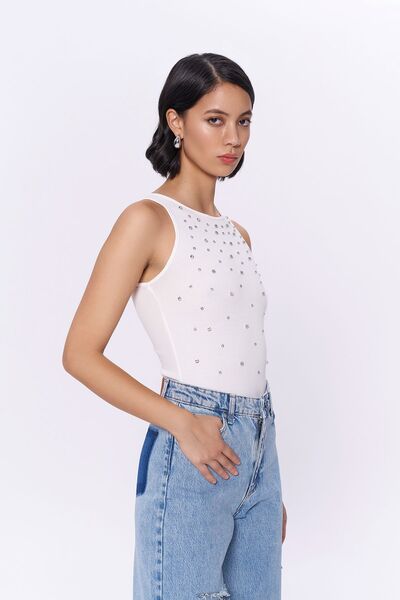 Quzu Ecru Halter Neck Bodysuit - with Stone Accessories