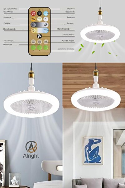 Alright Yeni Nesil E27 Duylu Kumandalı Tavan Vantilatörlü Led Lamba 3 Hız Aya...