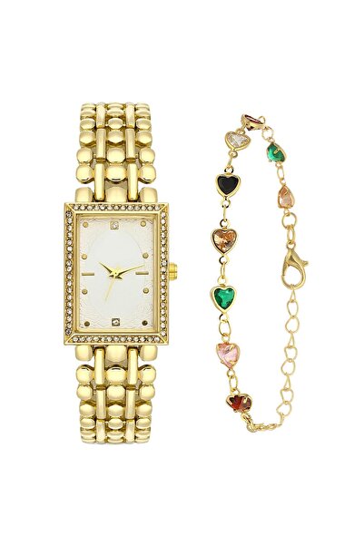Forentina Gold Metal Kol Saati-renkli Taşlı Kalp Bileklik Kombin Set Ps3760