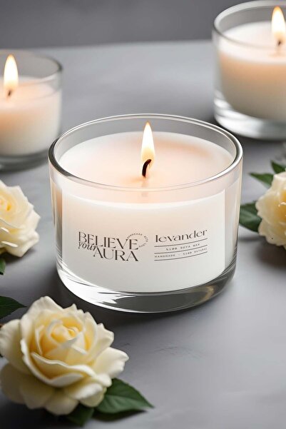 Believe Your Aura Lavanta Kokulu Mum - %100 Soya Mumu Aromaterapi Kase Mum - ...