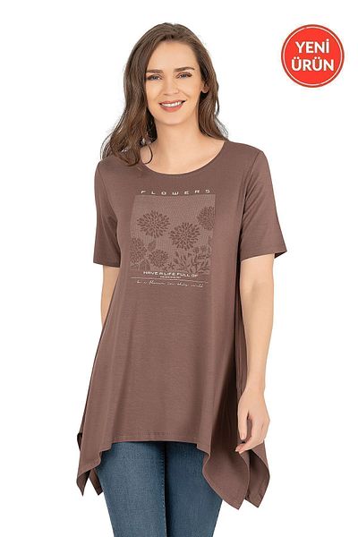 ÖZKAN underwear Özkan 27024 - Premium Women's Viscose Large Be, Soft Fabric, Brown Vortex, Lycra, Printed Short Sleeve