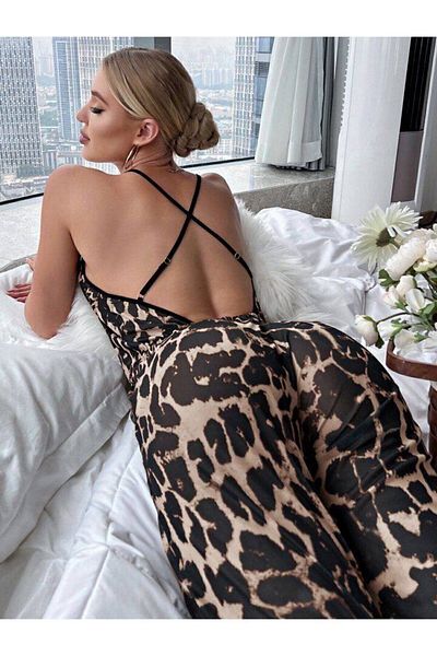 MEYLİYA Ολόσωμη φόρμα με λεοπάρ καφέ δαντέλα - Lycra Single Jersey Model CSR