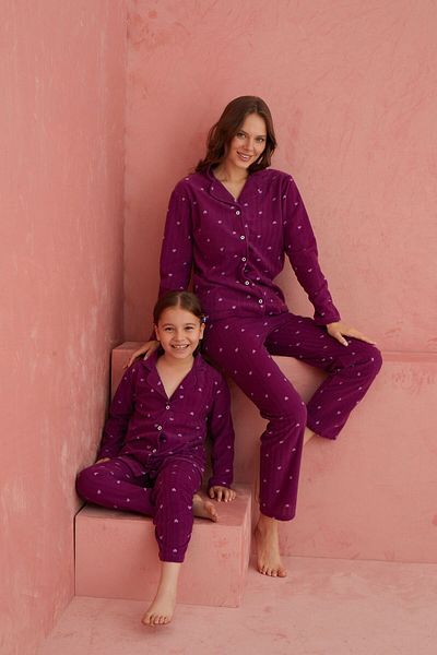 ELİTOL Set de pijamale din lână violet cu model de inimă - cu nasturi în față