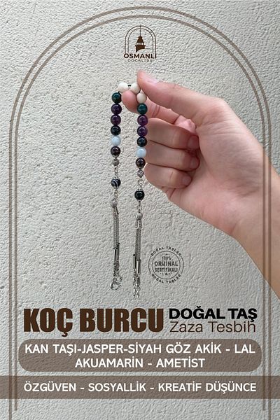 OSMANLI DOĞAL TAŞ Aries Zaza Rosary Natural Stone Aquamarine-Amethyst-Lal-Blood Stone-Jasper-Black Eye Agate