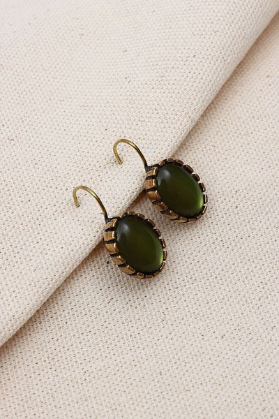 Süspüs Accessories Authentic Oval Earrings with Light Green Stone Detail