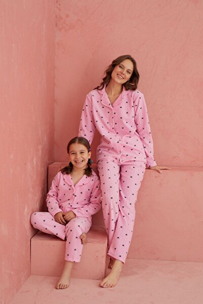 ELİTOL Pembe Kalp Desenli Önden Düğmeli Polar Pijama Takım