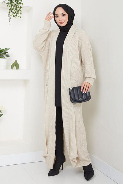 hafsamina Stone Colored Shawl Collar Pocket Knitwear Cardigan - Hm2534