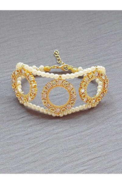 GEZERGOLD TAKI ÇEYREK ÜÇÜ BİR YERDE KALPLİ İNCİLİ BİLEKLİK