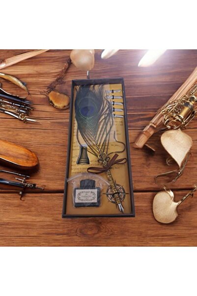 Menuzer Hediyelik Taçlı  Kuş Tüyü Divit Kalem Mürekkep Hokka Seti Orta Boy