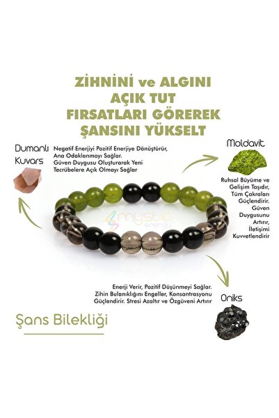 Mystic Energy Doğal Taş Şans Tılsım Bilekliği | Oniks-dumanlı Kuvars-moldavit...