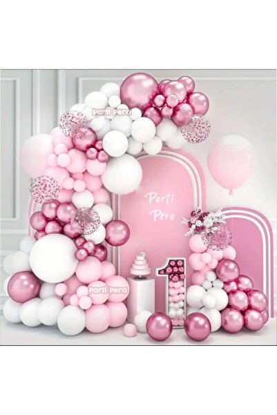 parti pera Krom Pembe Balon Makaron Pembe Beyaz Balon Zincir Seti Doğum Günü ...